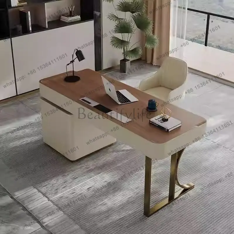 Light luxury solid wood desk saddle leather office walnut bedroom study table