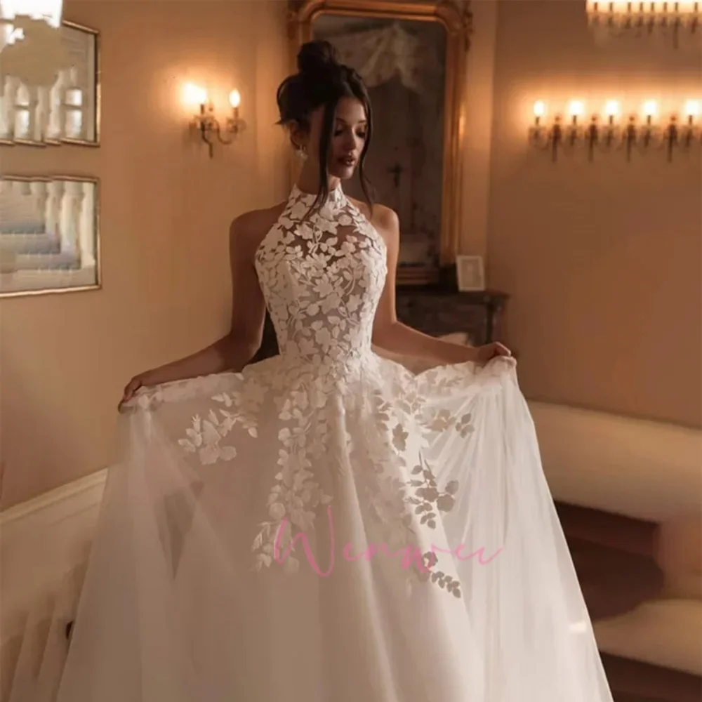 Modernes Spitzen-Stickerei-Kleid mit Neckholder-Design, Elegantes Hochzeitskleid für Bräute, Schimmernde Momente, Maßgeschneiderte Vestidos De Novia