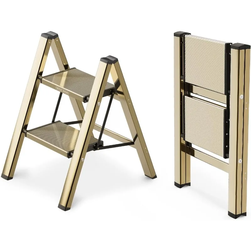 Step Ladder, 2 Step Foldable Step Stool with Widen Pedals, Portable Aluminum Stepladder, Compact Ladder for Space Saving