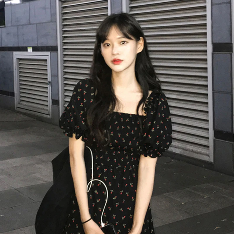 Floral Print  Dr Women's Summer New Sle Elastic Waist Slimming Bubble Sve Square Collar Gingham Skirt