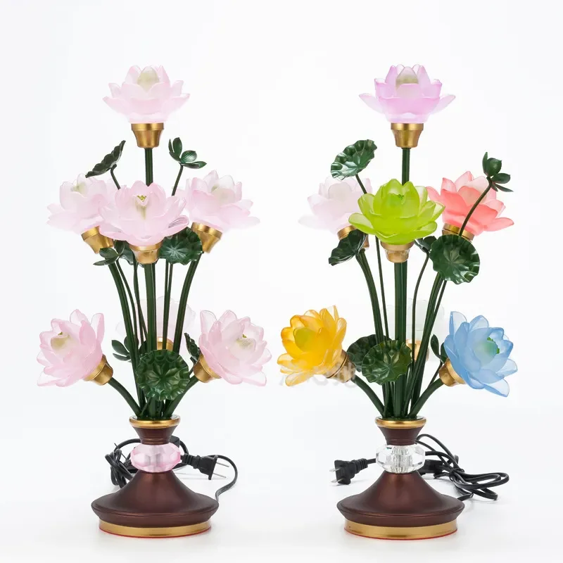 LED Lotus Lamp Buddhist Altar Light Seven Pin Glazed Candle Holder Electric Changming Lamp for Home Temple Decoration Lucky