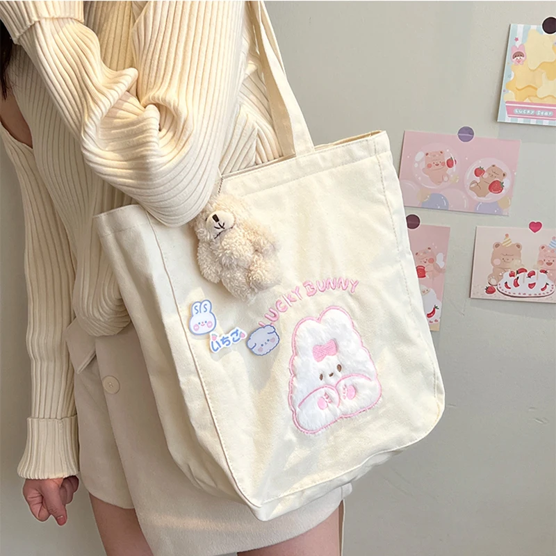 Cute Pink Rabbit Shoulder Bag for Women 2023 Fashion Canvas Large Capacity Shopper Bags Girls Casual Thicken Book Storage Bags