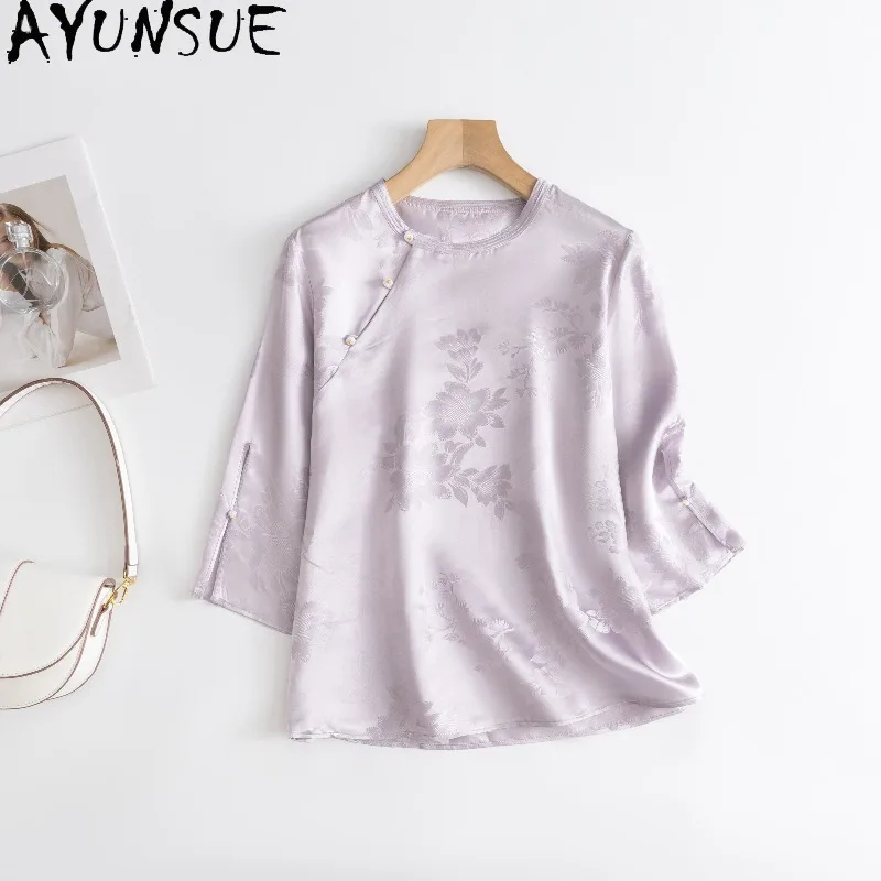 

AYUNSUE 100% Silk Women's Blouses Chinese Style O-neck Tops for Women Slanted Front Blouse Woman Clothes Spring Summer Одежда