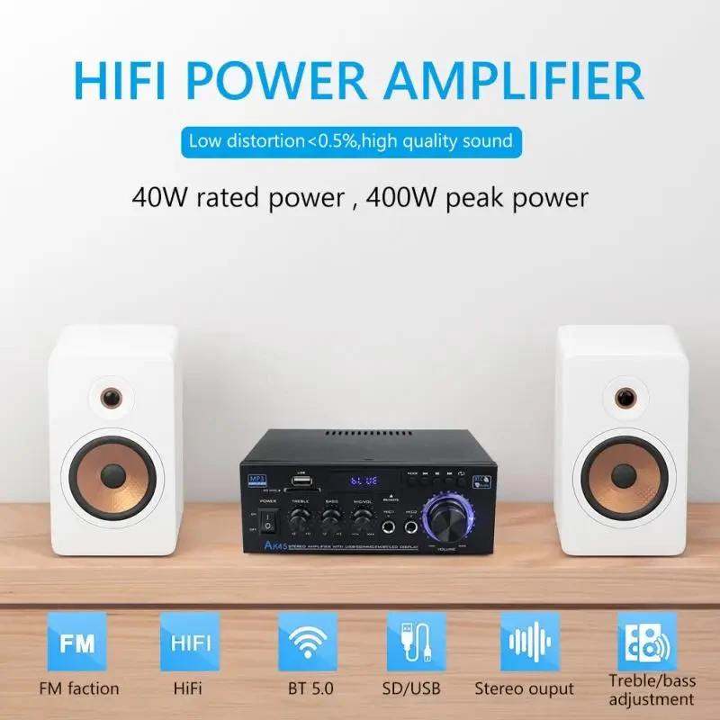 Ak45 Hifi Digital Amplifier Bluetooth Stereo Amplify Mp3 Channel 2.0 Surround Sound Amplifiers Support 90V-240V for Home Car