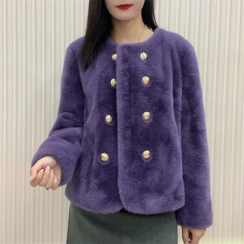Streetwear Double-faced Fur Coat Women\'s Mink Velvet Short Jacket O-neck Double-breasted Pocket Faux Fur Fluff Outerwear Autumn