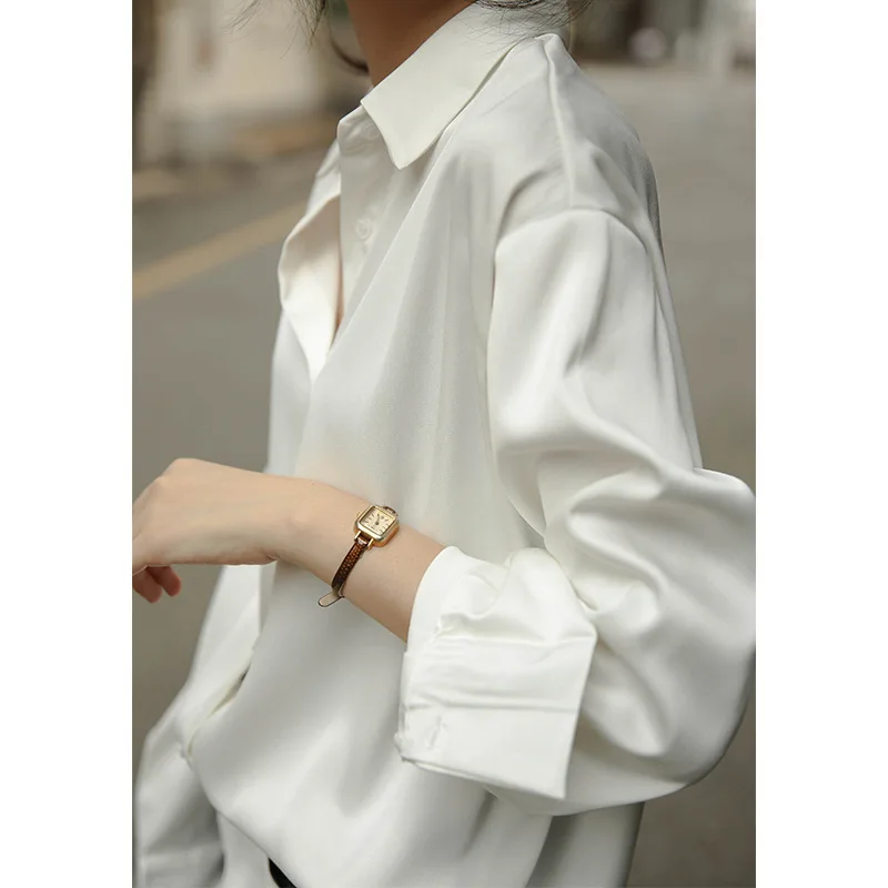 White Women's Shirt Commuting Collar Fashion Versatile, Shoulder Down Top Solid Color Loose Fitting Temperament Long sleeves