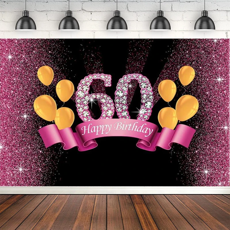 Purple Photography Backdrop Gold Balloons Women 60th Happy Sixty Birthday Party Decor Poster Supplies Photo Background Banner