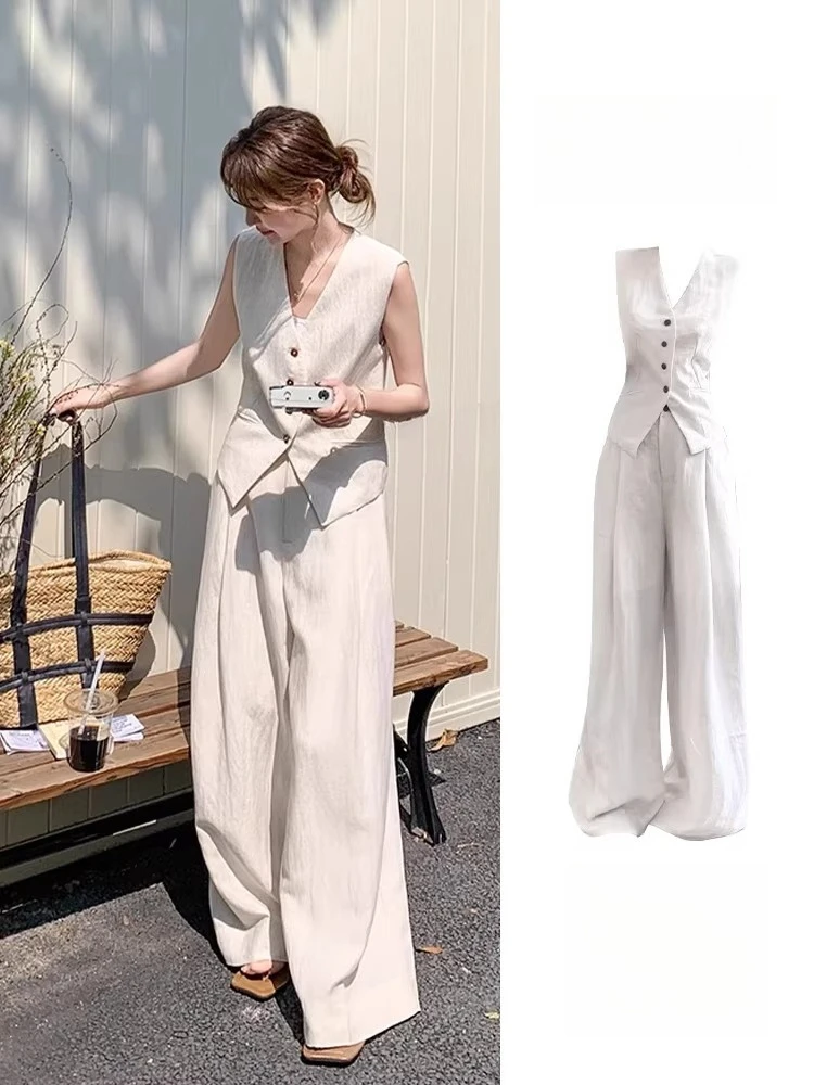 

Vintage Cotton Linen 2PCS Set For Women, Summer V-neck Sleeveless Vest + High Waist Wide Leg Pants Casual Vacation Outfits Suit