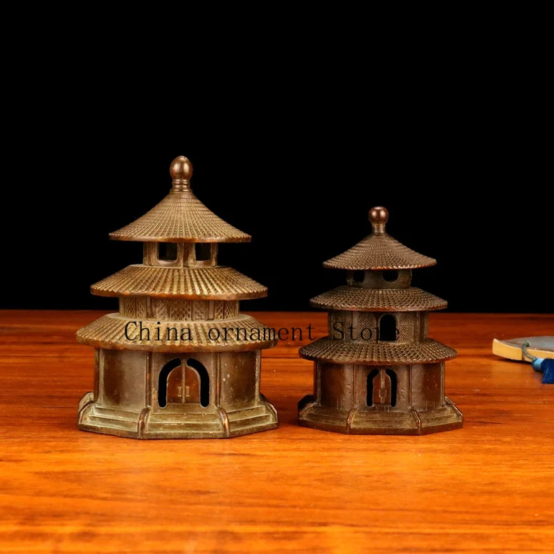 Brass Temple of Heaven incense burner, decorative tower-shaped incense holder, vintage tea ceremony sandalwood incense burner, c