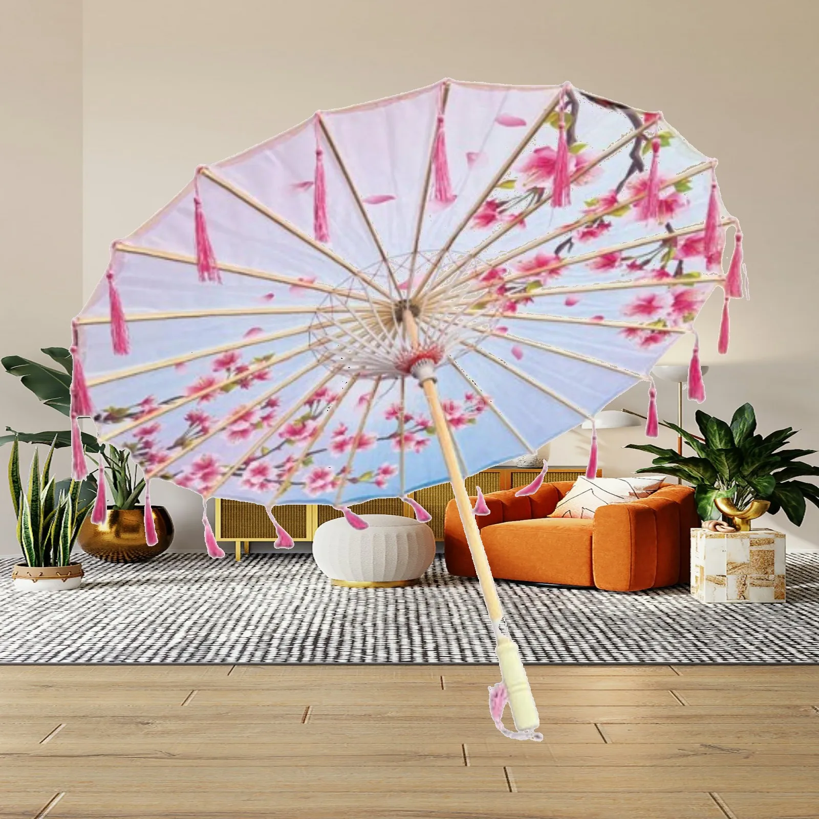 Handmade Chinese Umbrella Parasol Silk Cloth Wood Floral Pattern Rainproof Sunshade for Cosplay Dance Festival Events