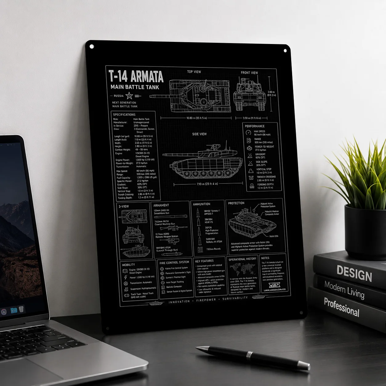 T-14 Armata Tank Blueprint 3D Texture Printed Poster Custom Vintage Metal Tin Plate Sign for Wall Art Room Decorations Interior