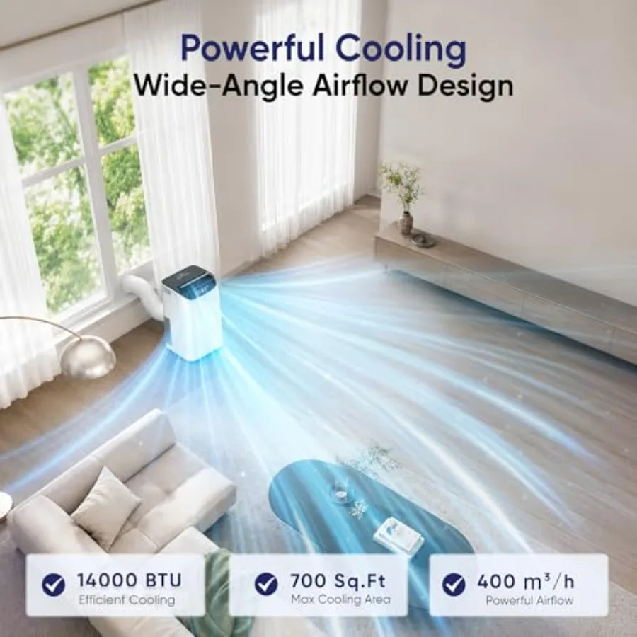 Portable air conditioner for home use, white ABS plastic, white color, 14000 BTU cooling capacity with dehumidifier and sleep m