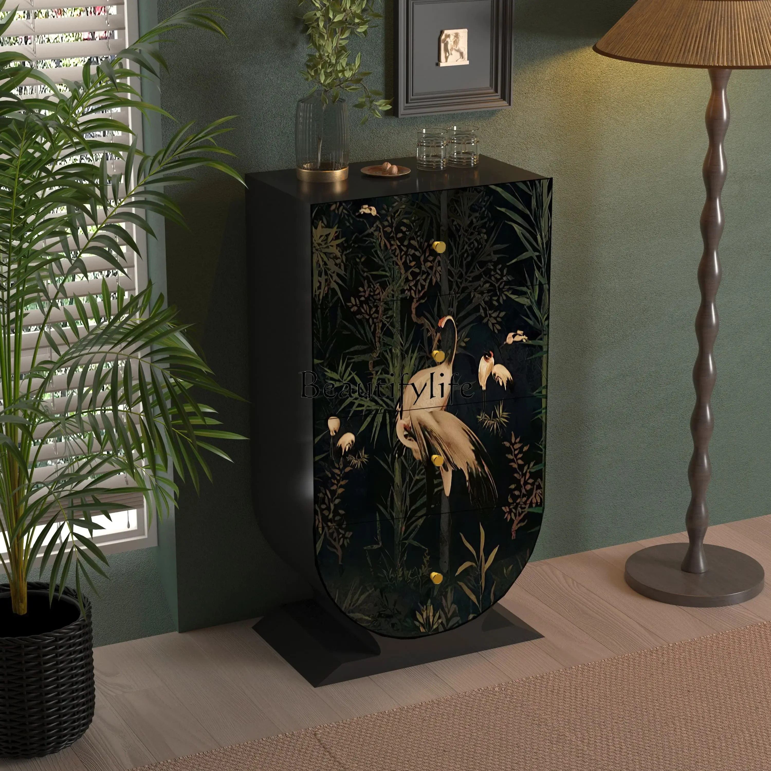 06خزانة من الخشب الصلب المطلي بأربعة صدر، وغرفة معيشة، وإقامة منزلية، وخزانة تخزين مدمجة على الحائط #3