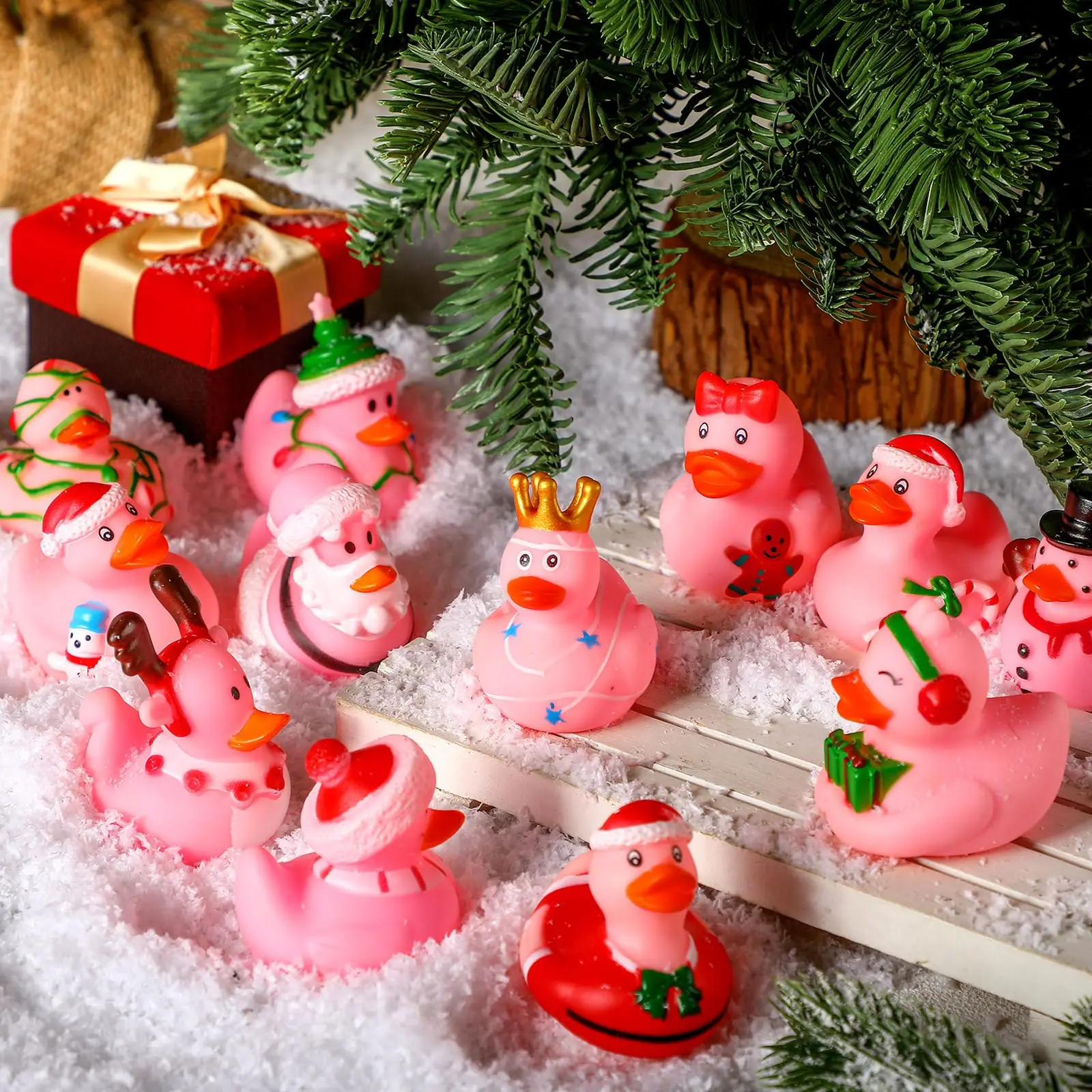 12/24/48pcs Pink Christmas Rubber Ducks 2 Inch Assorted Christmas Duckies Bath Toys Xmas Ducking Bathtub Toys for Kids