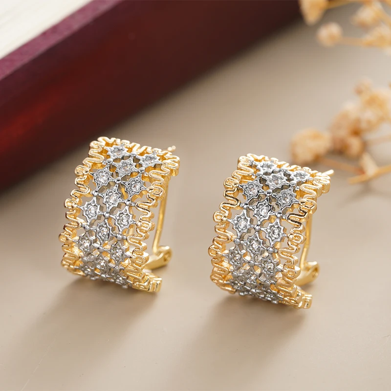 Huitan Damen-Ohrstecker, zweifarbig, hohles Design, elegant, edel, für Hochzeit, Verlobung, bezaubernde Accessoires, Schmuck für Damen, Party