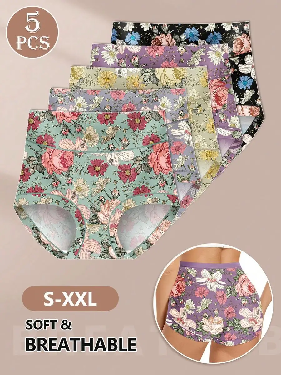 

5 Pcs Women High Waist Floral Printed Briefs Soft Breathable Stretch Panties