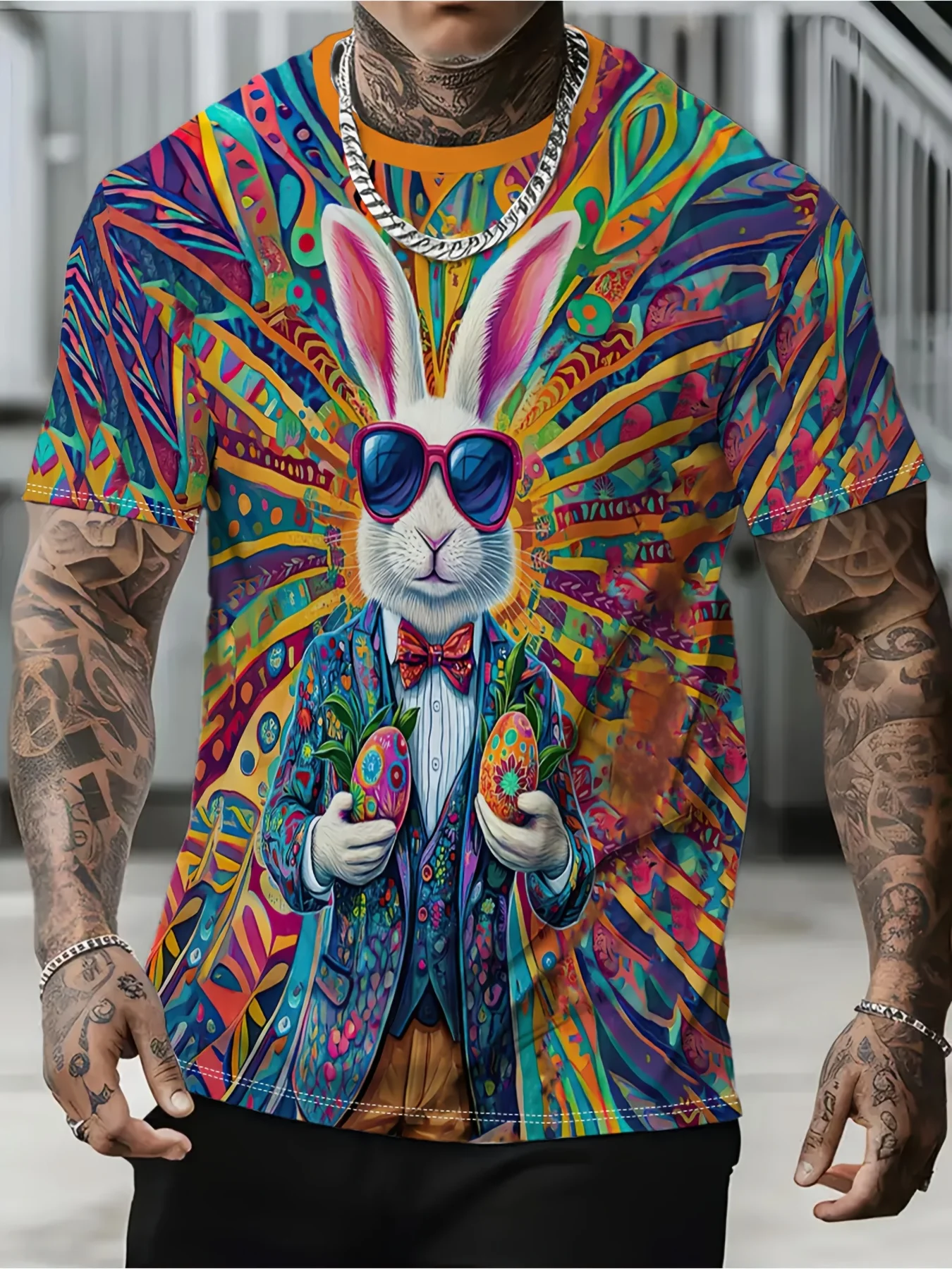 

Men's 3D Colorful Cat Graphic Print T-Shirt - Street Style Short Sleeve Round Neck Tee, Vibrant Digital Print, Machine Washa
