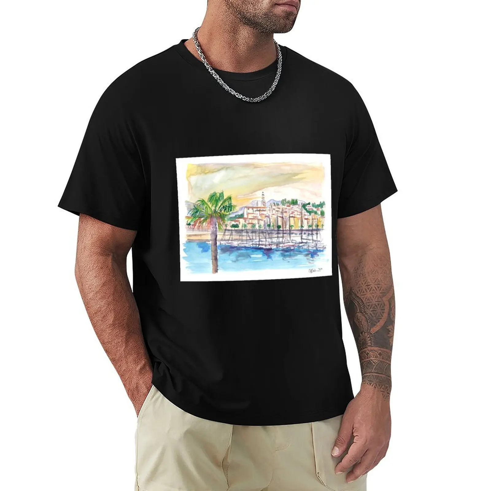 

Menton Provence France Harbour Scene with Waterfront T-Shirt Casual Loose Daily Wear T-Shirt