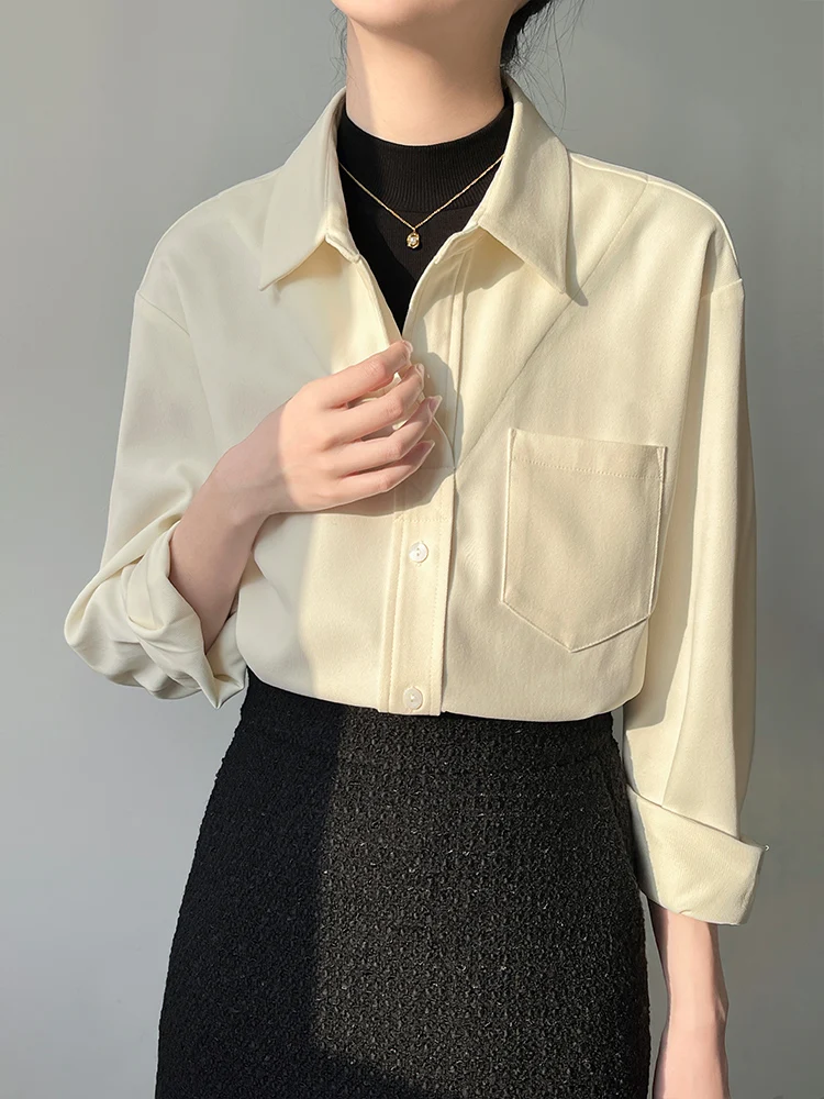 

Korean Sle Collar Long Sve irt Women's Early Autumn Commute Inner Wear Faux Two-Piece Brued Layering Top