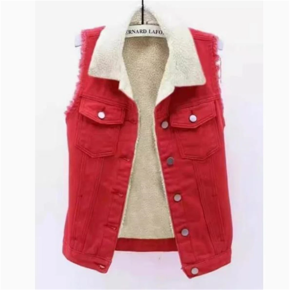 Women's Sleeveless Denim Jacket Fleece Lined Vest Sherpa Waistcoat Ladies Winter Autumn Button Up Sleeveless Coat Shacket