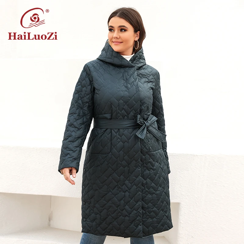 HaiLuoZi New Spring Jacket For Women 2022 Long Female Coat Warm Plus Size Parkas Fashion Belt Design Hooded Quilted Outwear 7081