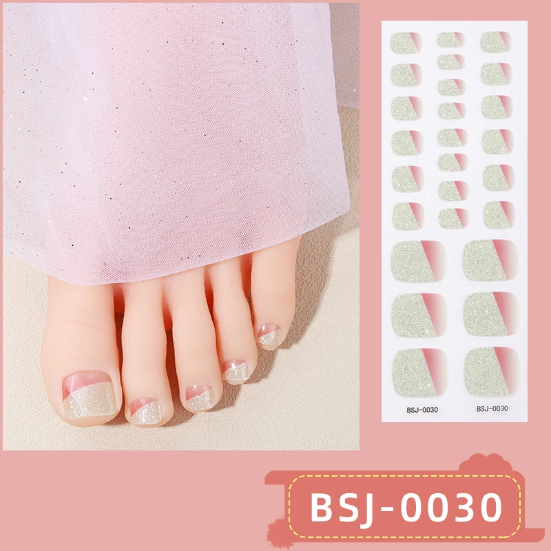 26Tips Pink French Semi Cured Gel Toenail Sticker Gradient Full Cover Gel Toenail Wraps Self-Adhesive Foot Nail Art Decoration