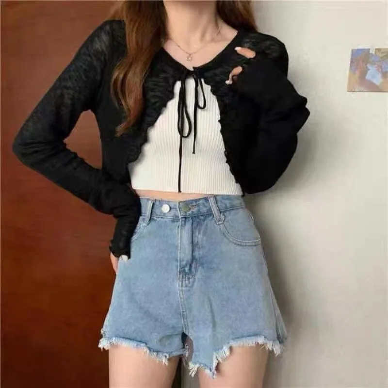 

Summer Women Thin Sunscreen Cardigan Lace-up Knitwear Tops Female Korean Style Lantern Sleeve Short Coat Casual Sun Protected