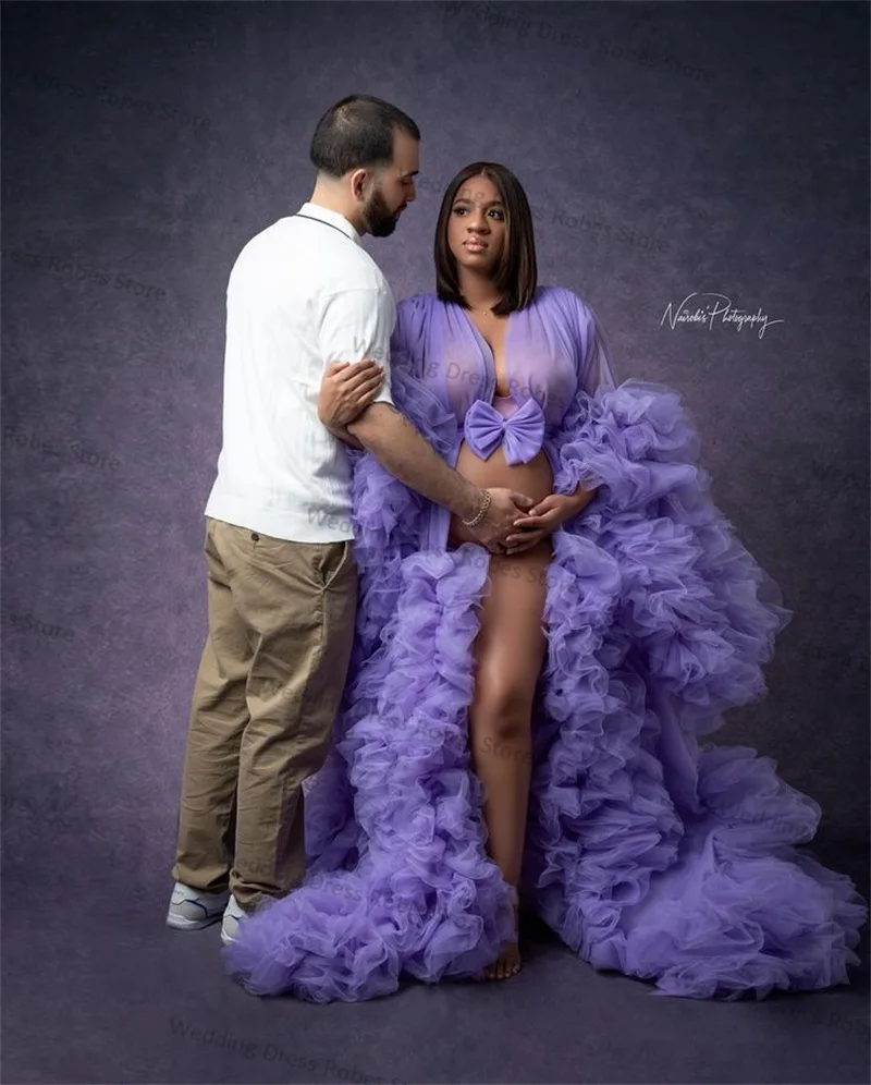 Purple Maternity Dress Photography Sexy V Neck Bride Robe Long Sleeves Tulle Pregnant Prom Gowns Customized For Photo