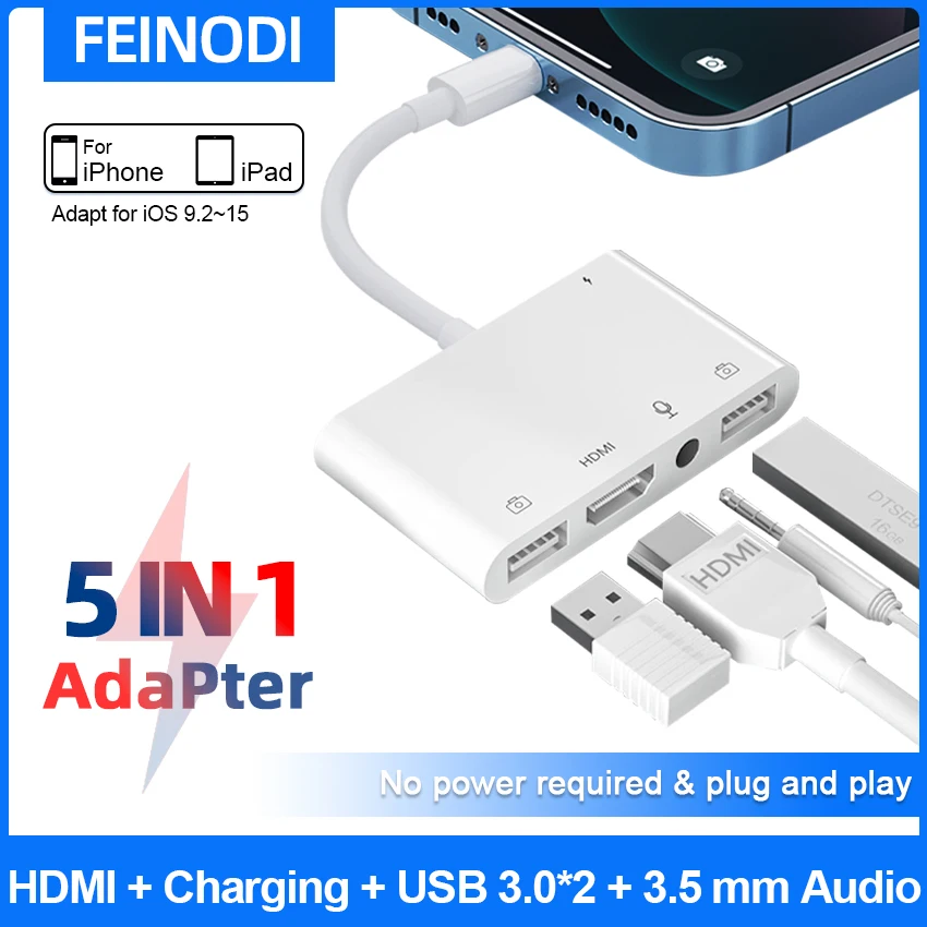 SD TF Card Reader USB Camera Adapter to i-Phone/i-Pad USB OTG Camera Connection Kits with &3.5mm Headphone Jack and Charging