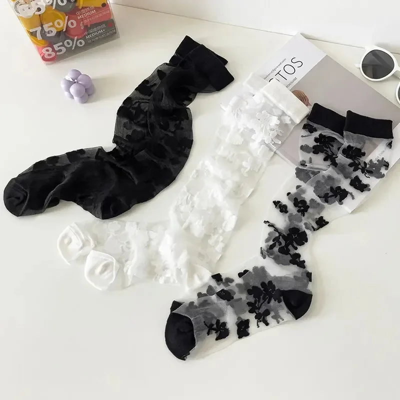 Summer Ultra-thin Transparent Nylon Long Socks Stockings Japanese Fashion Flower Knee Socks Vintage Crystal Silk Socks Stockings view 3