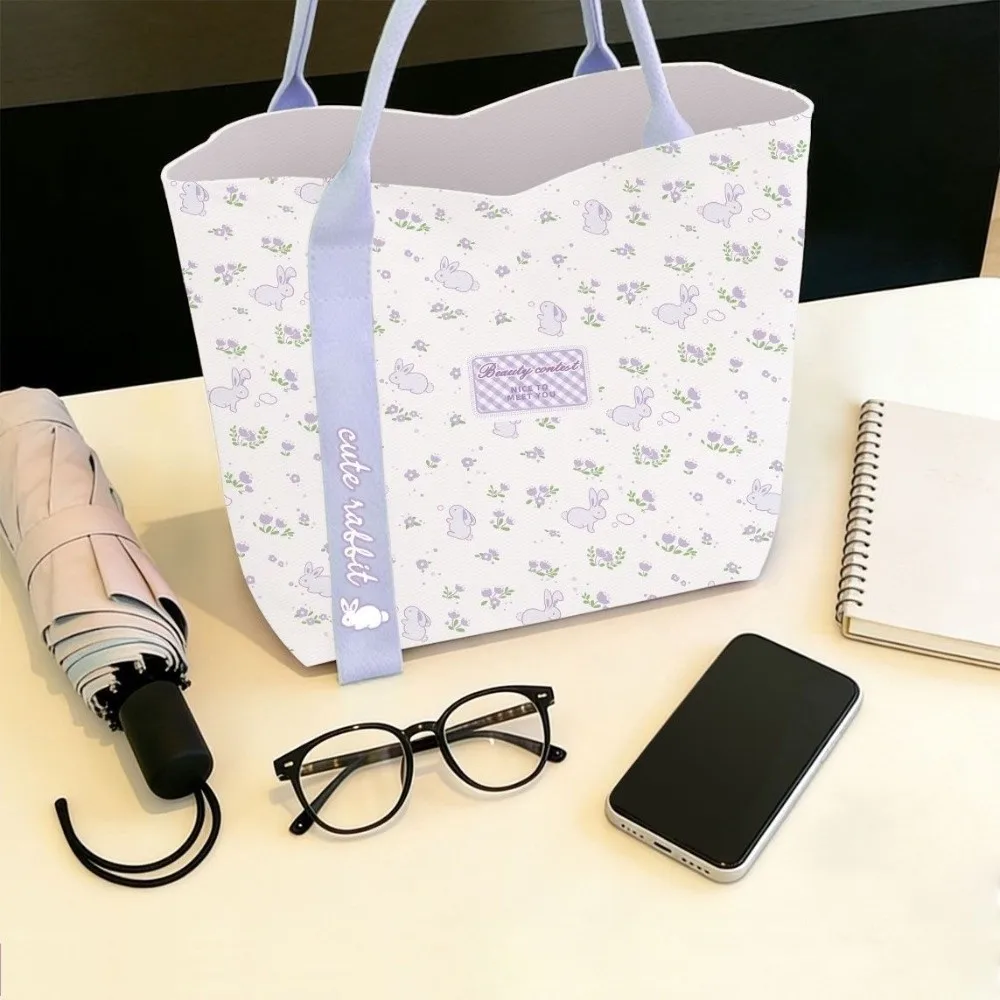 Cute Rabbit Canvas Bag Floral Cartoon Shoulder Bag Lightweight Versatile Lunch Bag Work image 5