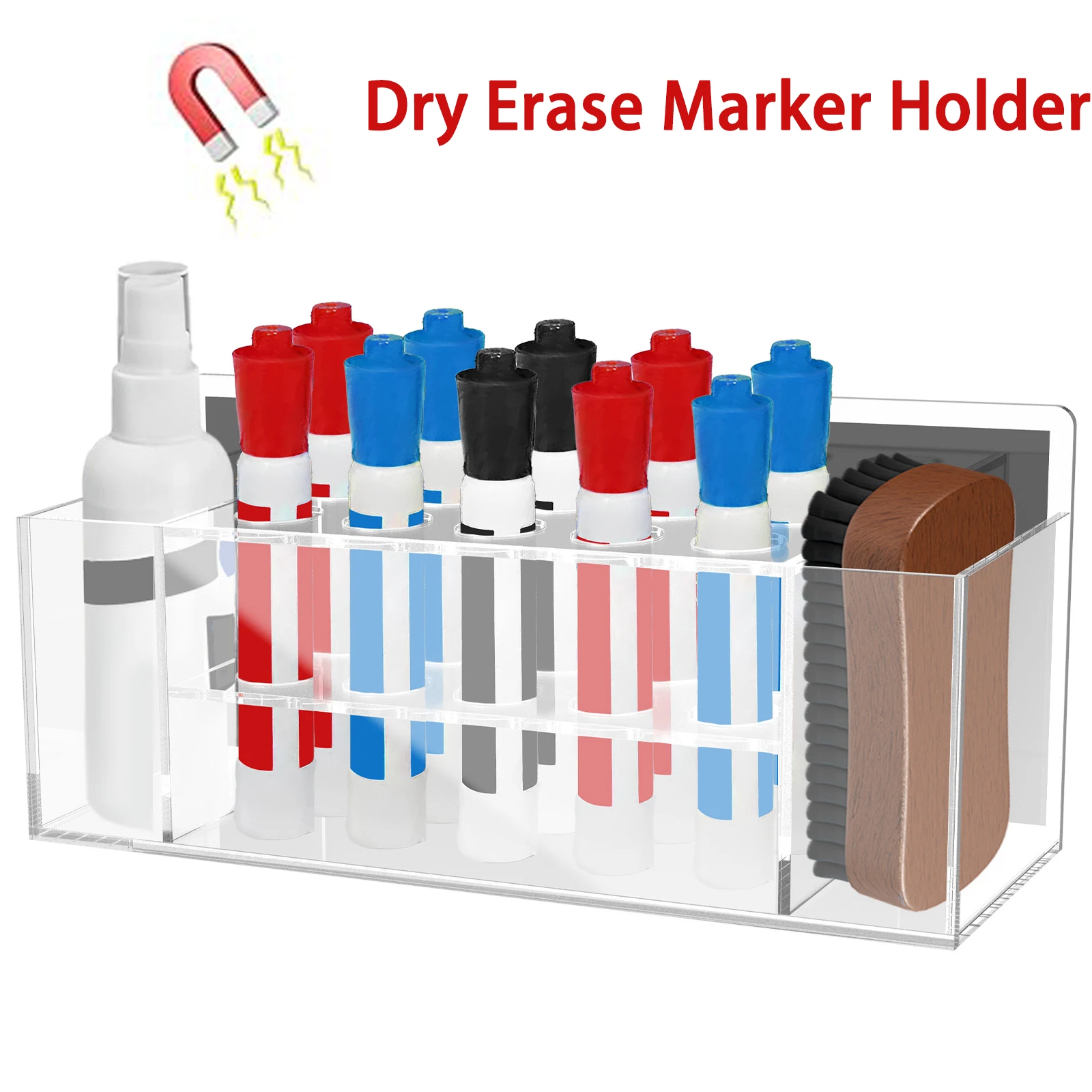 

Acrylic Magnetic Dry Erase Marker Holder Erase Marker Storage Box White Board Marker Holder with 10 Slots for Fridge Office
