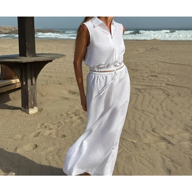 

Elegant Long White Dress Sets Women Summer 2026 Halter Sleeveless Top Single Breasted Lapel Belts Pocket A-line Dresses Suit