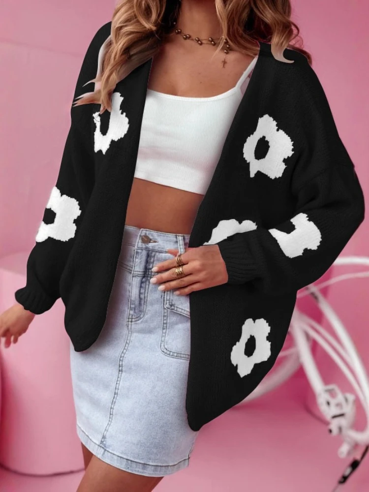 Winter Herfst Vrouwen Oversized Vest Gedrukt V-hals Koreaanse Mode Lange Mouw Tops Casual Gebreide Trui voor Dameskleding