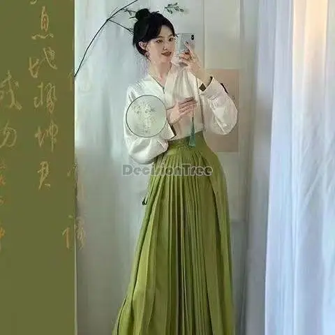 2025 novo vestido estilo chinês melhorado dinastia ming hanfu estilo nacional saia longa plissada manga longa topo diário conjunto de duas peças