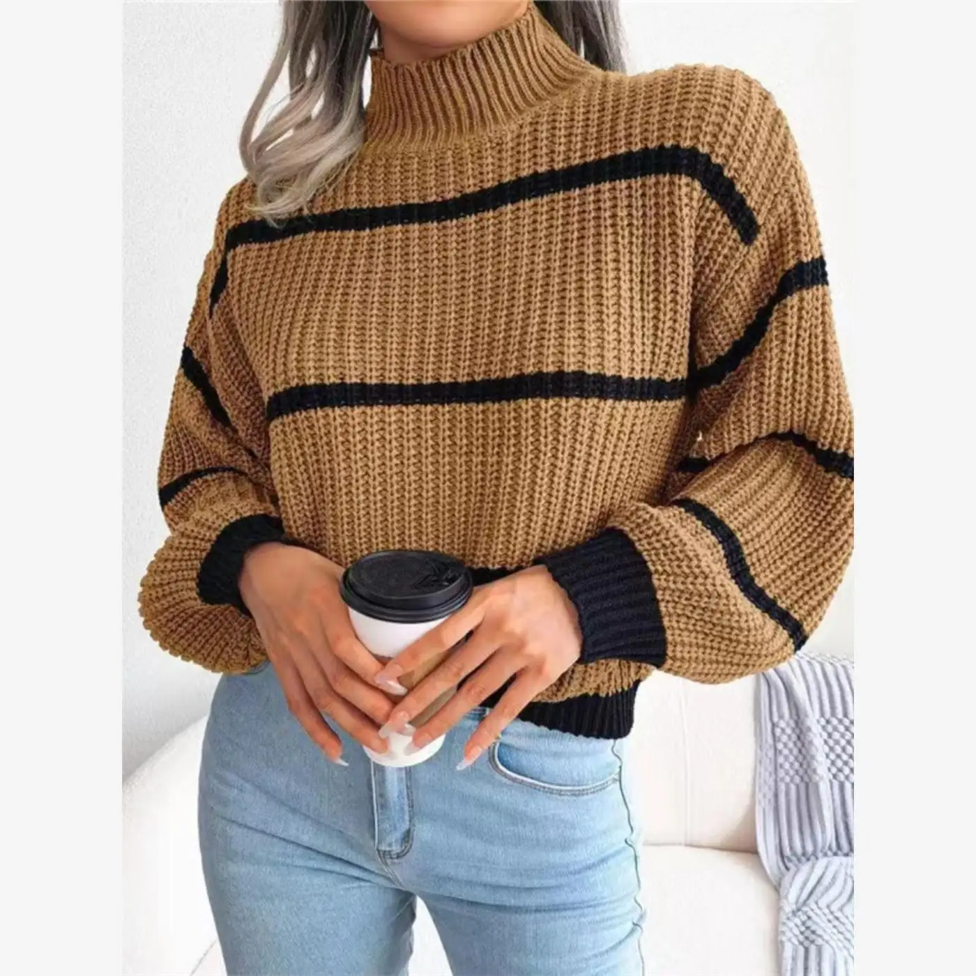 

Women's High Collar Loose Long Sve Knitted Sweater Autumn Winter Street Sle Casual Versatile Overhead Stripe Pattern