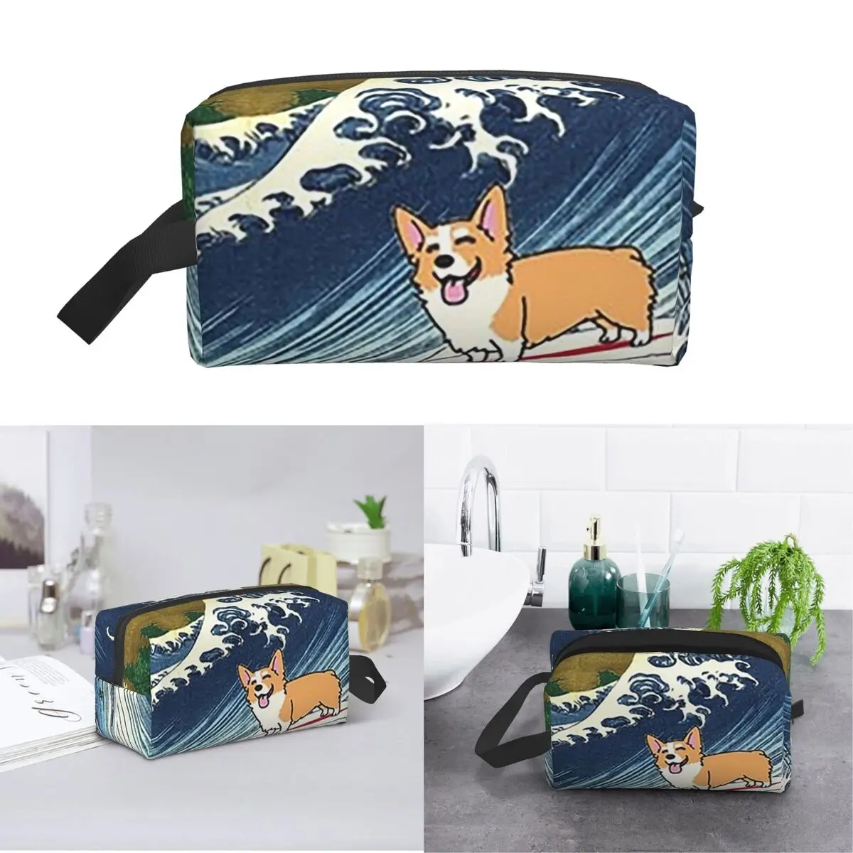 Corgi Dog Surfing The Great Wave Makeup Bag Cosmetic Organizer Storage Dopp Kit Toiletry Cosmetic Bag for Women Beauty Travel