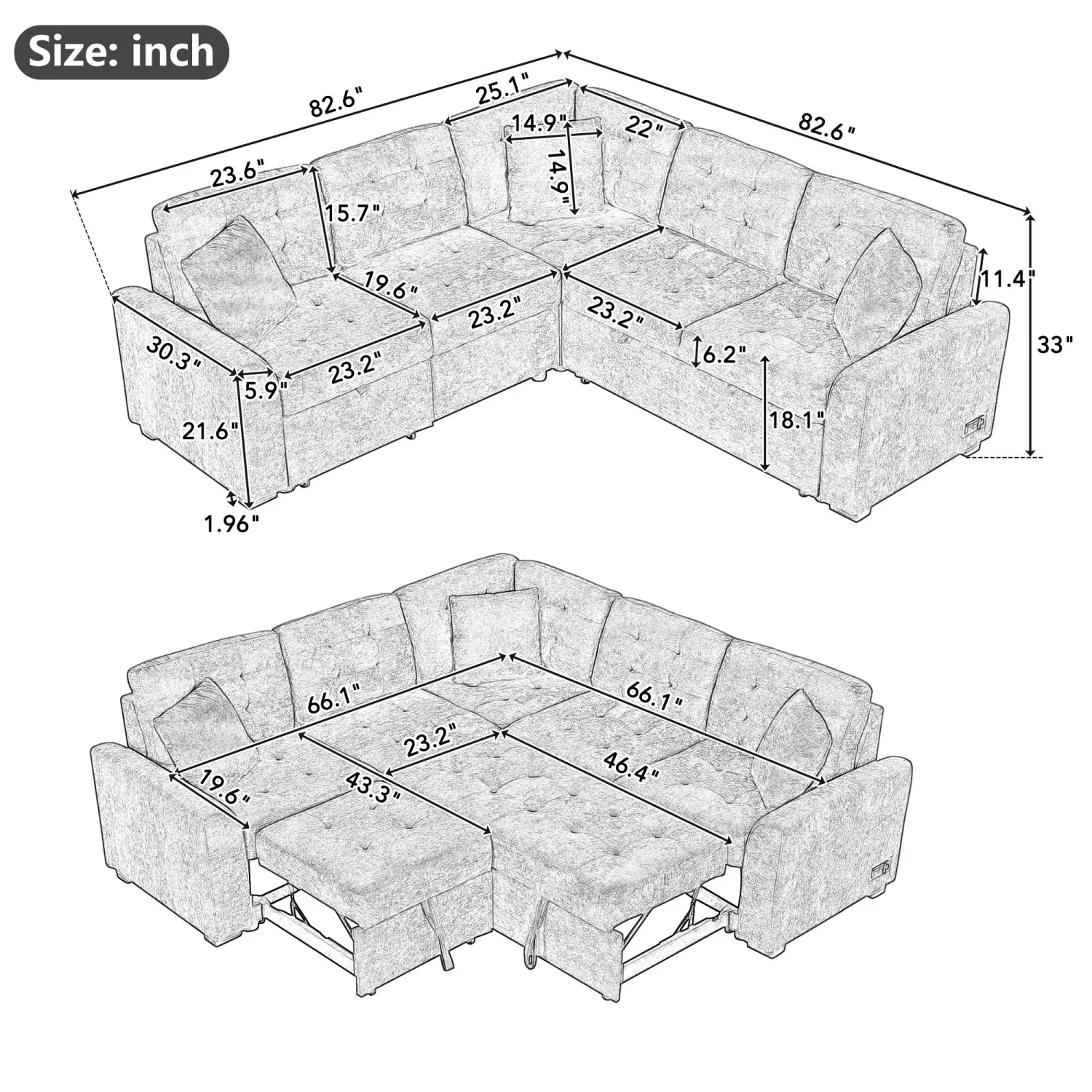 L-shape Sleeper Sofa with Wheels, USB Ports, Power Sockets for Living Room - Khaki