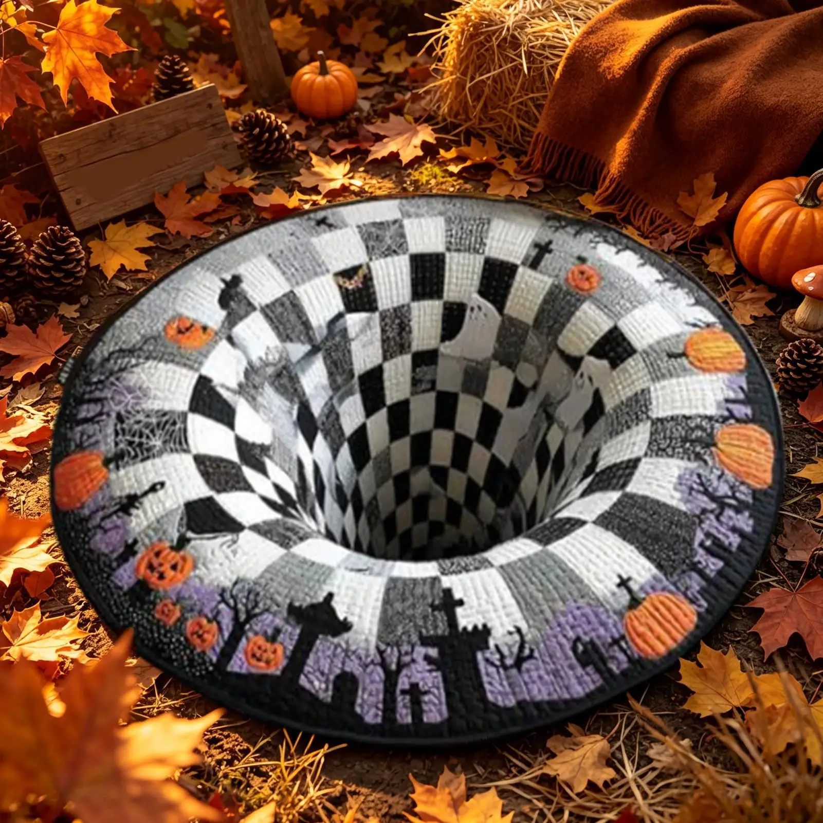 Halloween Decoration Optical Illusion Ghost Halloween Rug Black Non Slip Floor Mat for Living Room Halloween Indoor Carpet Prop