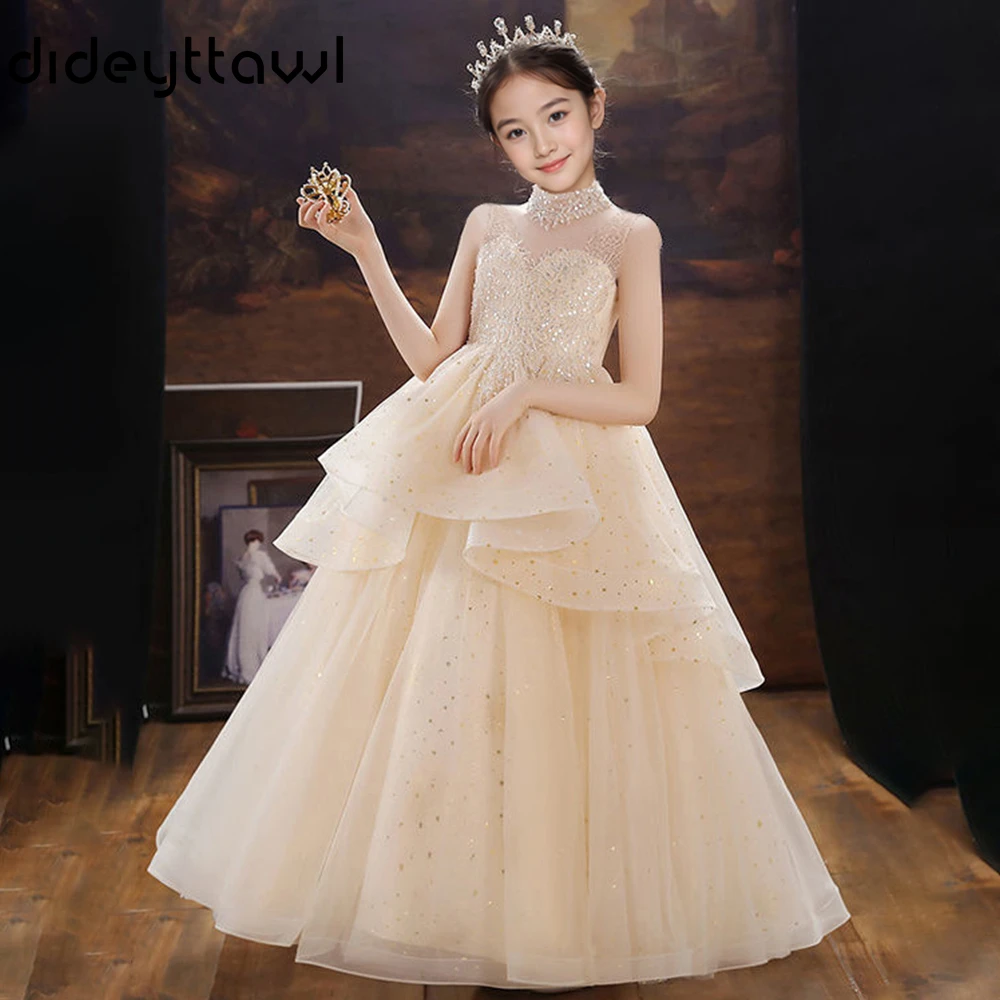 Customized Girls High Neck Sheer Mesh Sleeveless Sequin Beaded Bodice Layered Tulle Skirt Heart Cutout Back Floor