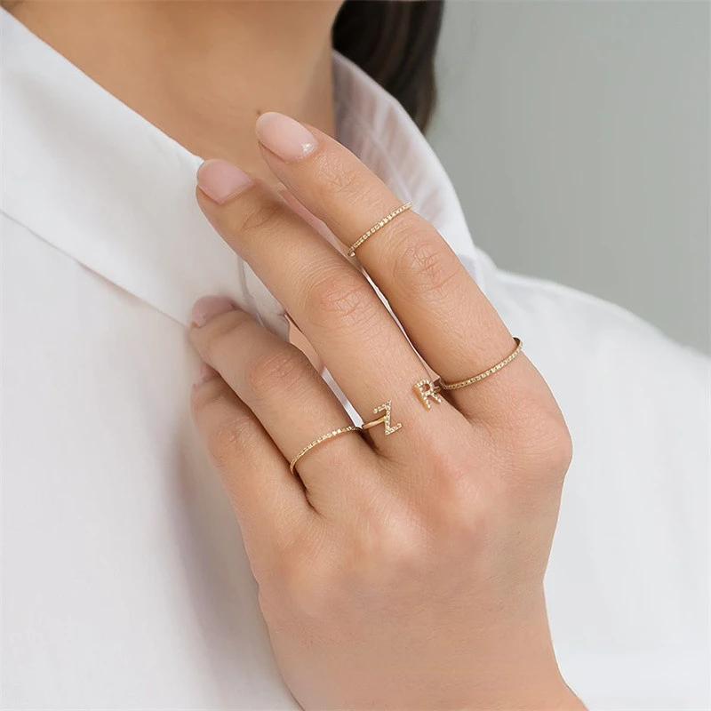 Classic S925 Silver Customize Initial Letter Zircon Ring Open Adjustable A-z Alphabet Ring For Women Gifts Couple Jewelry