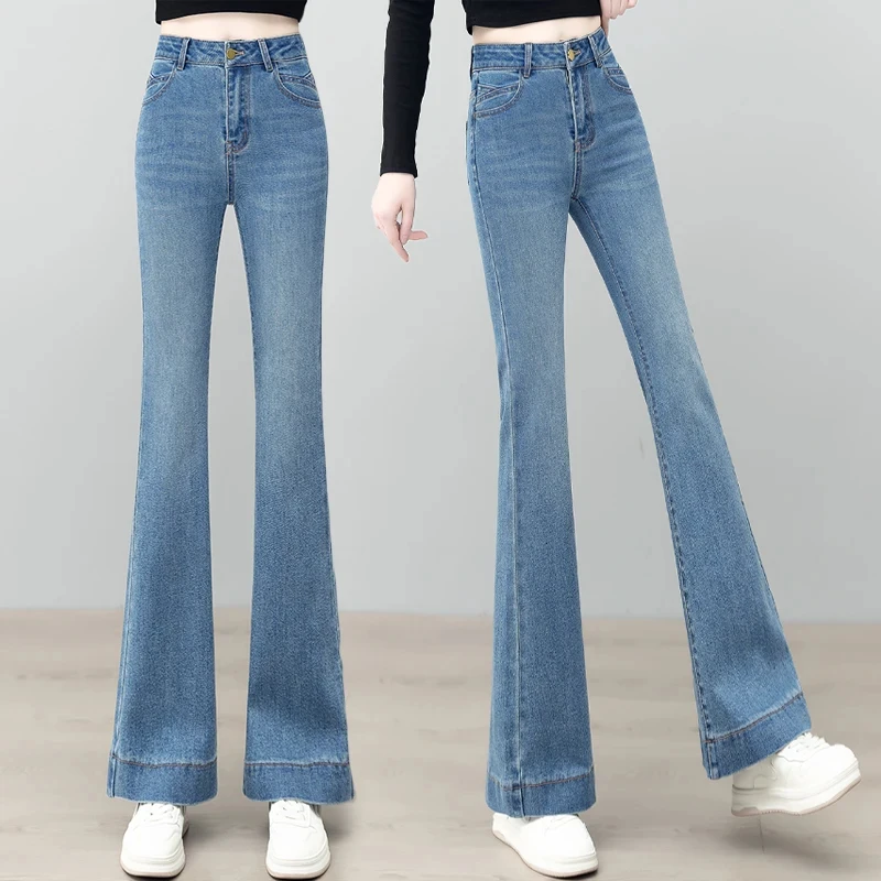 

Весна 2024, облегающие джинсовые расклешенные брюки с высокой талией, женские повседневные эластичные узкие джинсы с модным дизайном, синие джинсы