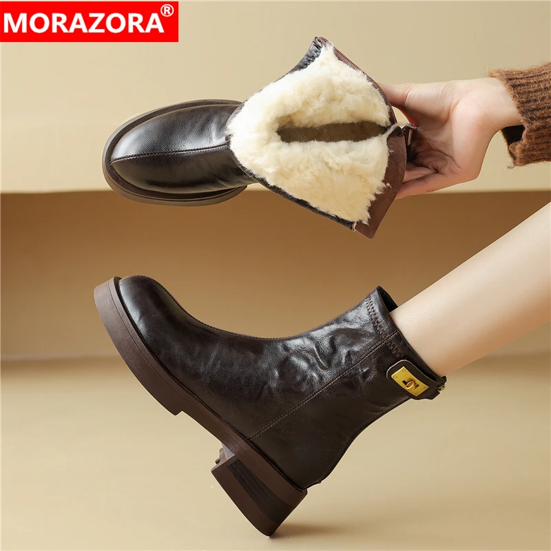 MORAZORA 2024 New Wool Blend Winter Snow Boots scarpe da donna Zipper Square Mid Heels Warm tinta unita stivaletti da donna taglia 40