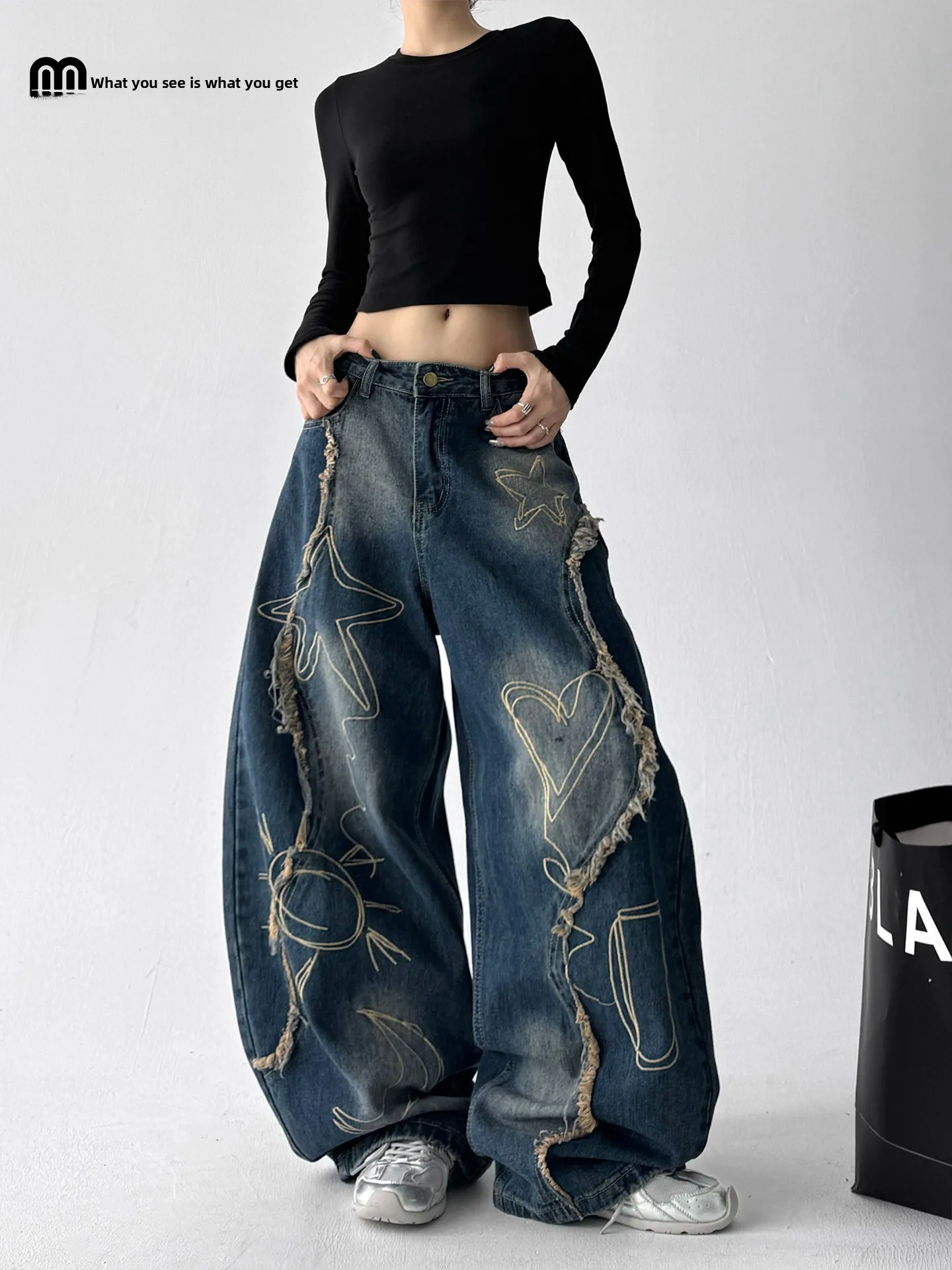 

Blue Heavyweight Waed Vintage Jeans Women's High Waist Slim Straight Leg Wide Leg Trendy Cotton Casual Sle Zipper Fly