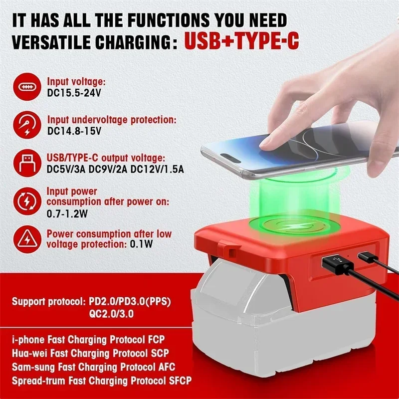 

For Milwaukee 18V Li-ion Battery Wireless Phone Charger USB Adapter TYPE-C Port Fast Charging Portable Power Bank