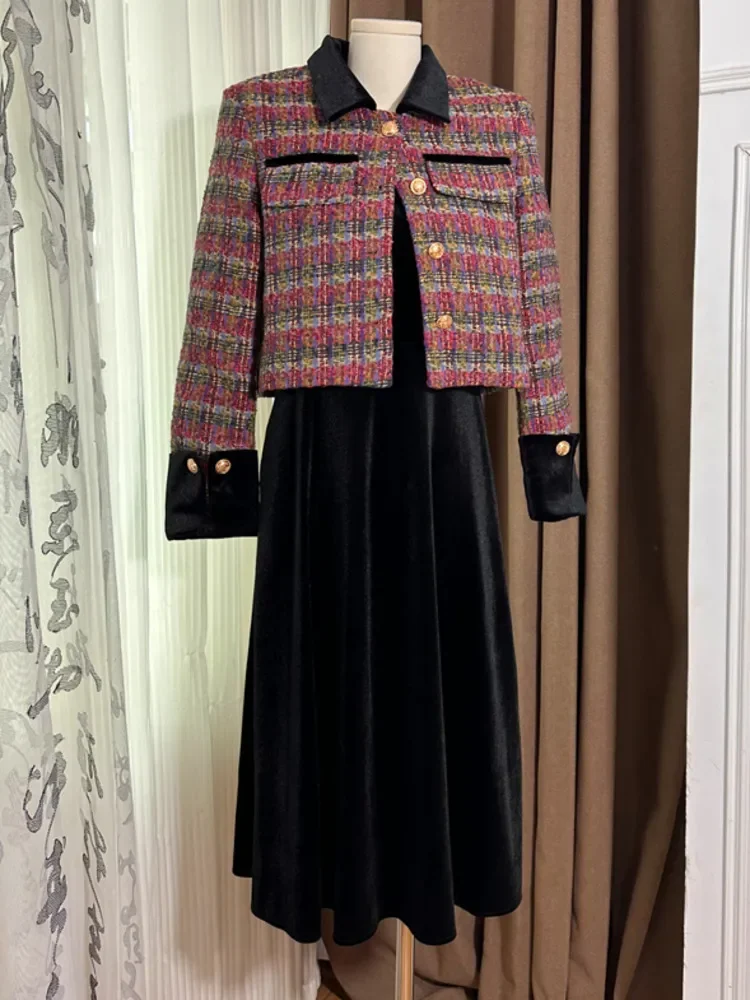 Conjunto de dos piezas con fragancia pequeña para mujer, chaqueta de Tweed, abrigo y vestido de terciopelo Sexy, moda francesa Vintage, trajes de 2 piezas