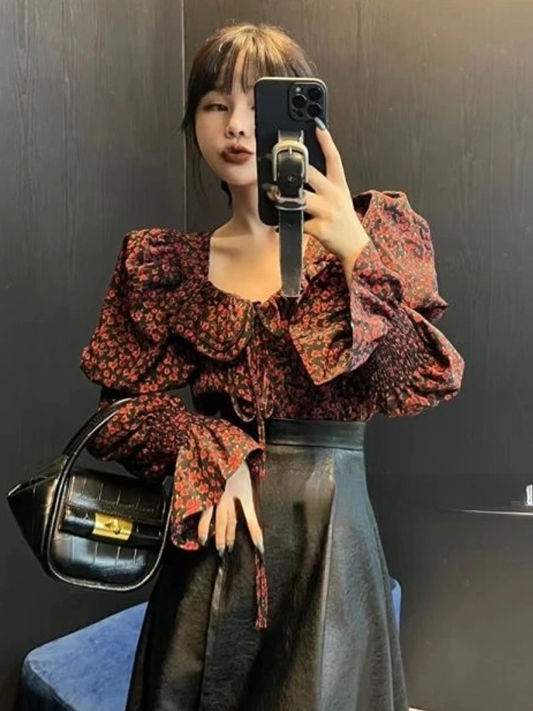 

Cropped Blouses Women Slim Vintage Printed Design French Ladies Puff Sleeve Sweet Spring Tops Ruffles Delicate All-match Elegant