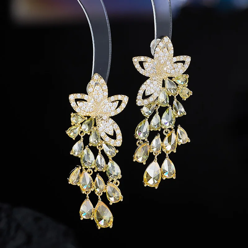 

Light Luxury Copper Inlaid Zircon Flower Tassel Earrings S925 Silver Needle High-end Exquisite Real Gold Plated Versatile Earrin