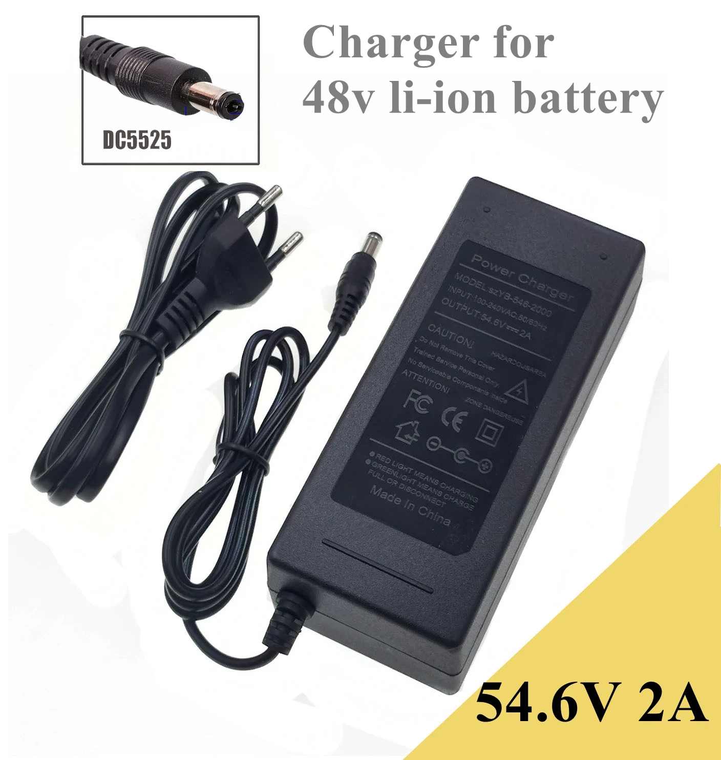 Chargeur de pipeline 54.6V pour batterie Eddie ion 48V, connecteur DC5525, 13S 18650