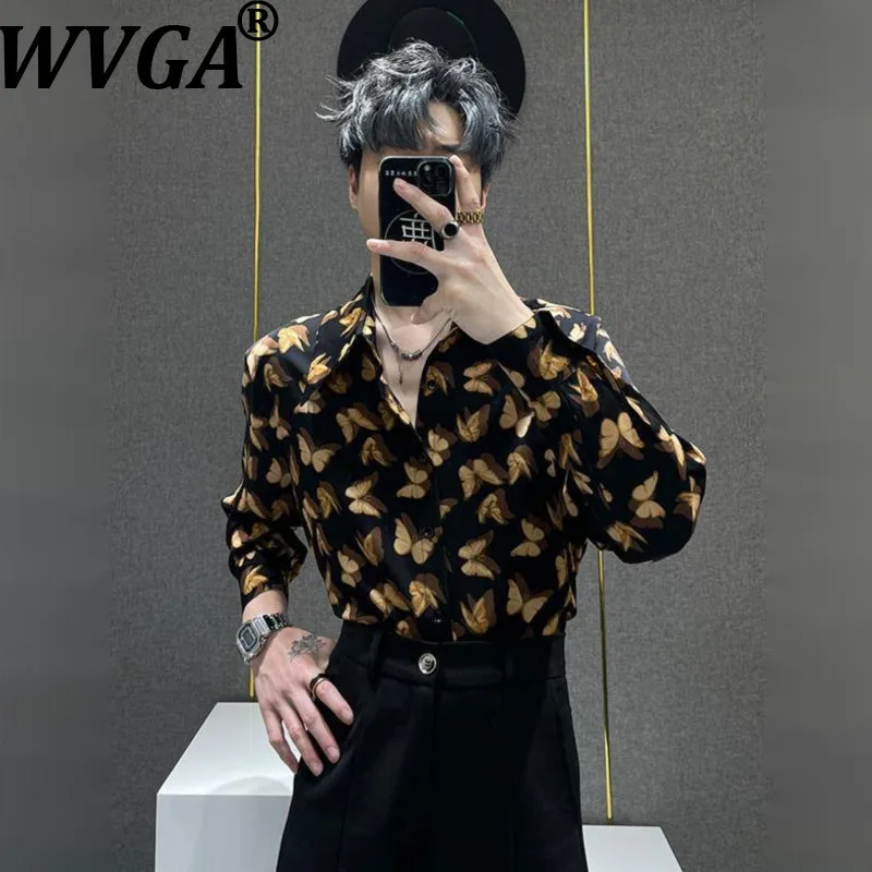 

WVGA Spring Summer New Man's Tide Printed Long Sleeve Shirt Niche Chic Casual Pointed Collar Padded Shoulder Tops Ins Y2K W19764